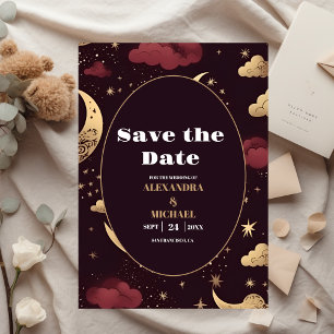 Elegante Burgundy Gold Celestial Wedding Save The Date