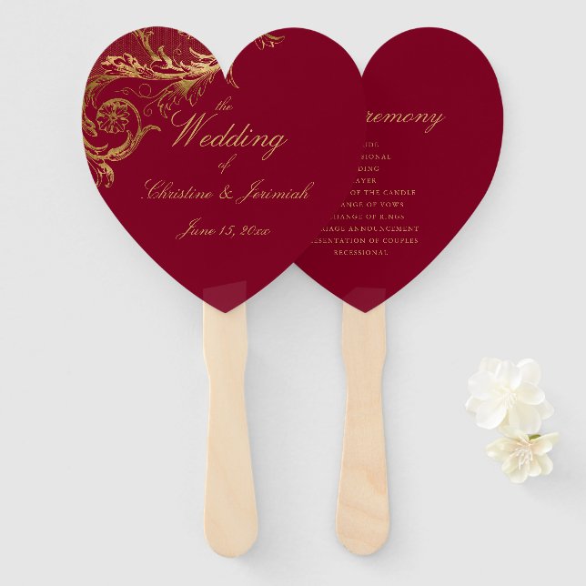 Elegante Burgundy Gold Floral Damask Script Weddin Fächer (Vorne und Hinten)
