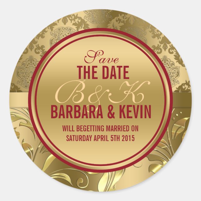 Elegante Burgundy & Gold Floral Damasks 3 Runder Aufkleber (Vorderseite)