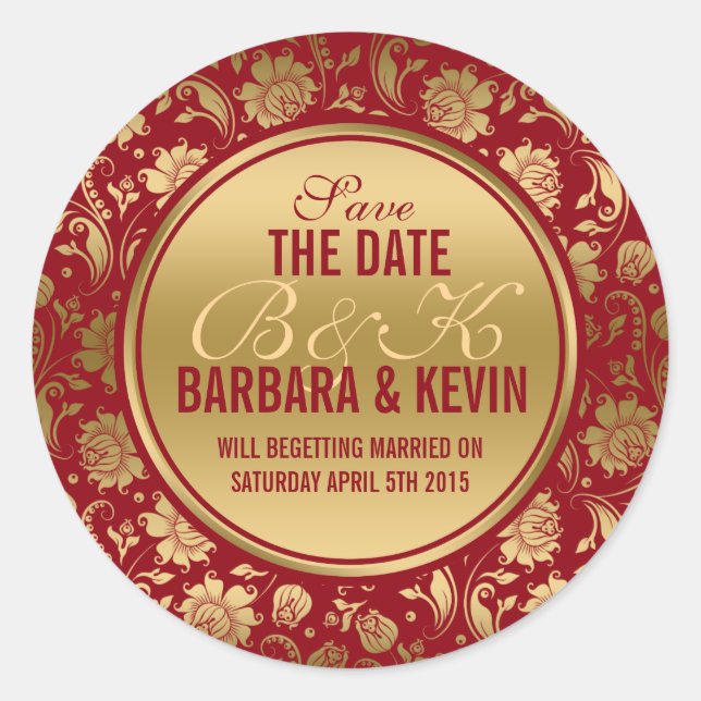 Elegante Burgundy & Gold Floral Damasks Runder Aufkleber (Vorderseite)