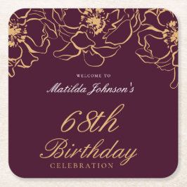Elegante Burgundy Gold Floral Geburtstagsparty Rechteckiger Pappuntersetzer