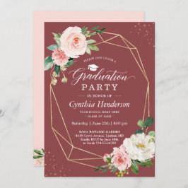 Elegante Burgundy Gold Floral Graduation Party Einladung