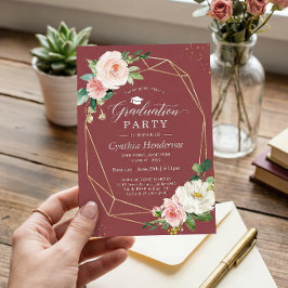 Elegante Burgundy Gold Floral Graduation Party Einladung
