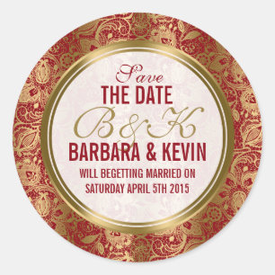 Elegante Burgundy & Gold Floral Lace Damasks Runder Aufkleber
