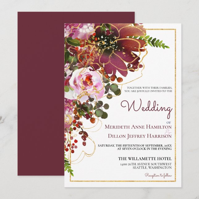 Elegante Burgundy Gold Floral Moderne Hochzeit Einladung (Vorne/Hinten)