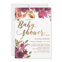 Elegante Burgundy Gold Floral Script Baby Shower