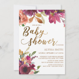 Elegante Burgundy Gold Floral Script Baby Shower Einladung