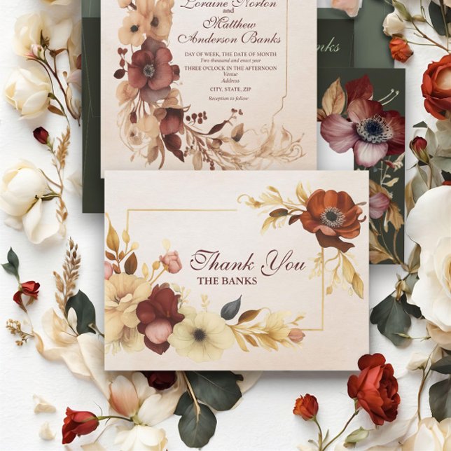 Elegante Burgundy Gold Floral Watercolor Wedding Dankeskarte (Von Creator hochgeladen)