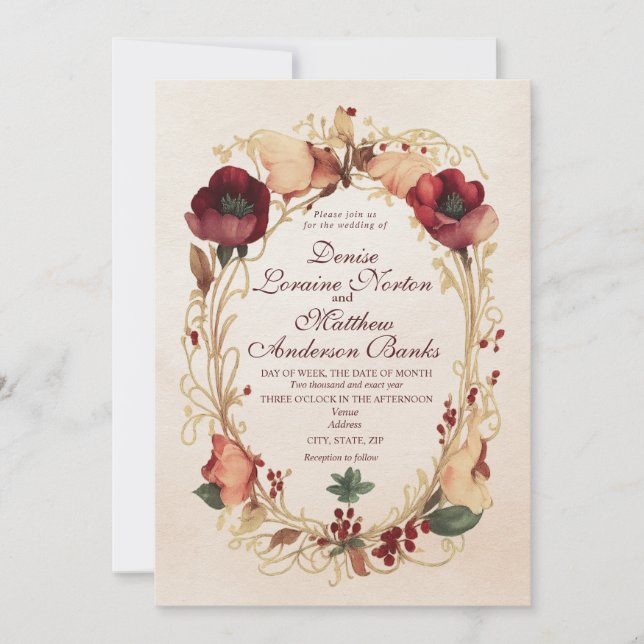 Elegante Burgundy Gold Floral Wedding Einladung (Vorderseite)