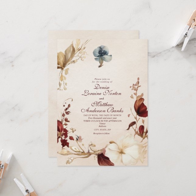 Elegante Burgundy Gold Floral Wedding Einladung (Vorderseite/Rückseite Beispiel)