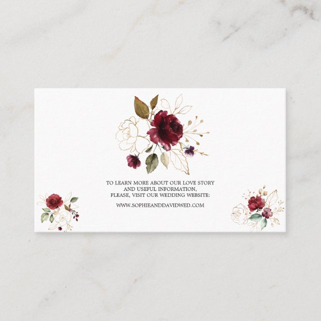 Elegante Burgundy Gold Floral Wedding Website Visitenkarte (Vorderseite)