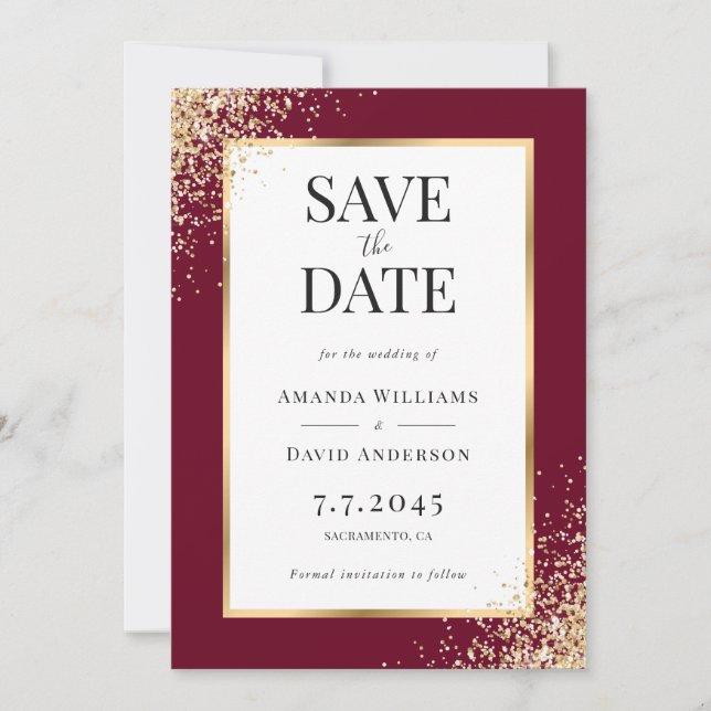 Elegante Burgundy Gold Frame Confetti Wedding Save The Date (Vorderseite)
