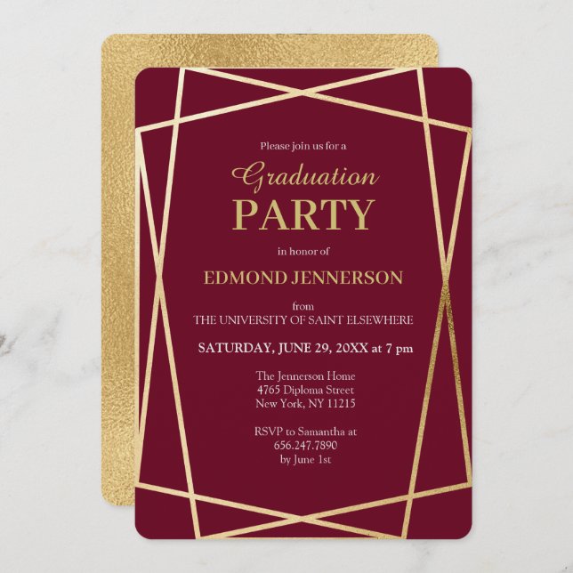 Elegante Burgundy Gold Geometric Graduation Party Einladung (Vorne/Hinten)