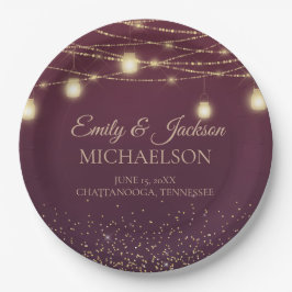 Elegante Burgundy Gold Glitzer String Light Weddin Pappteller