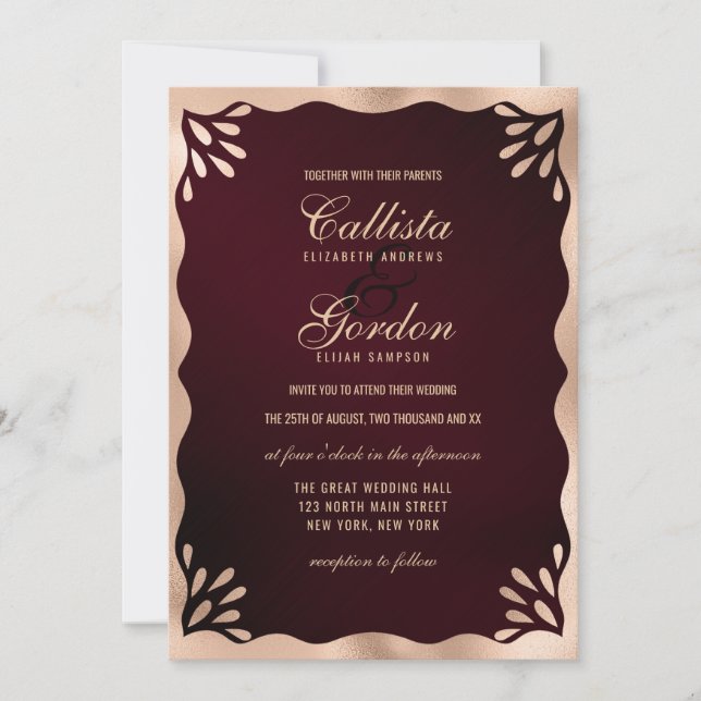 Elegante Burgundy Gold Metallic Wavy Border Weddin Einladung (Vorderseite)