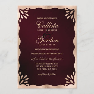 Elegante Burgundy Gold Metallic Wavy Border Weddin Einladung