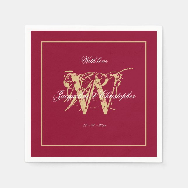 Elegante Burgundy Gold Monogram Names Chic Wedding Serviette (Vorderseite)