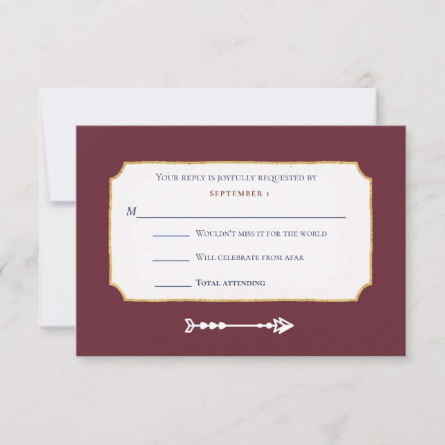 Elegante Burgundy Gold Music Mix Request Wedding RSVP Karte (Vorderseite)