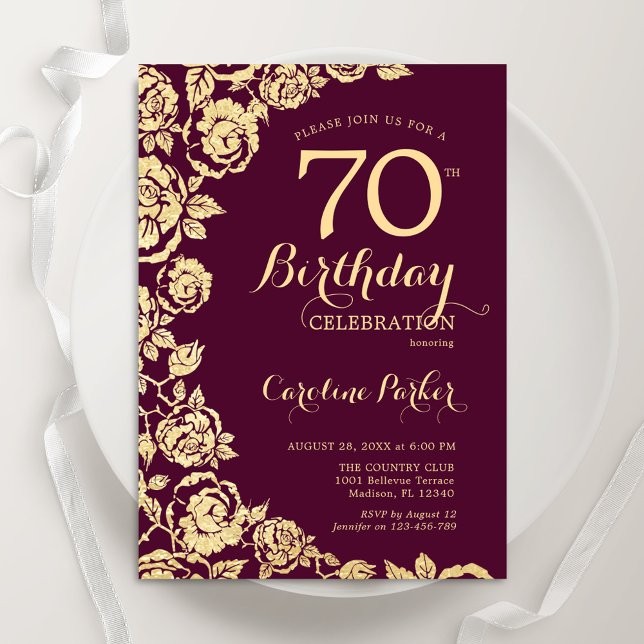 Elegante Burgundy Gold Rose 70. Geburtstag Einladung (Von Creator hochgeladen)