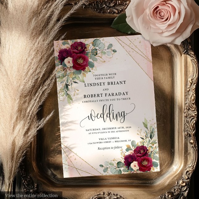 Elegante Burgundy Gold Rose Einladungen für Hochze (Elegant Burgundy Gold Roses Floral Wedding Invitation)