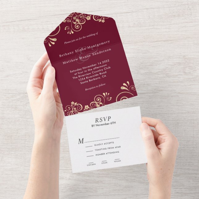 Elegante Burgundy Gold Swirl Wedding All In One Einladung (Abreißen)