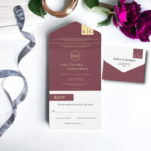 Elegante Burgundy Gold Typografy Classy Wedding All In One Einladung (Von Creator hochgeladen)