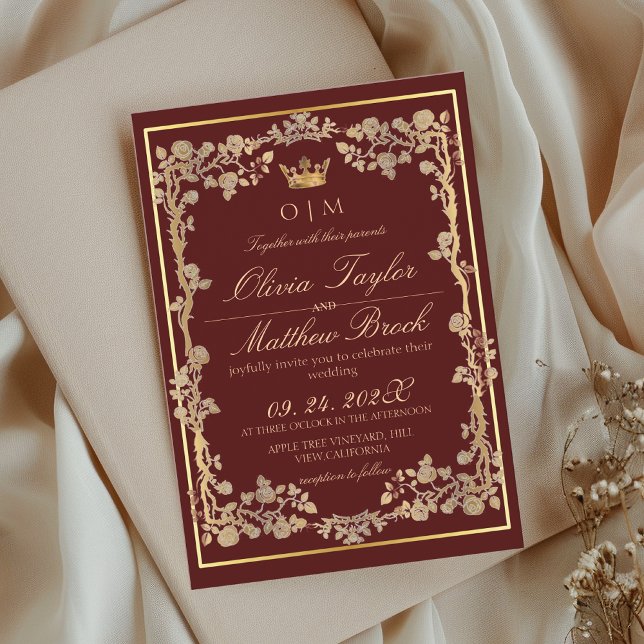 Elegante Burgundy & Gold Verzierte Frame Wedding Einladung (Von Creator hochgeladen)