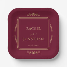 Elegante Burgundy Gold Wedding Paper Plate