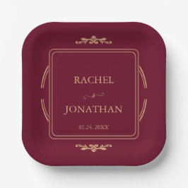 Elegante Burgundy Gold Wedding Paper Plate Pappteller