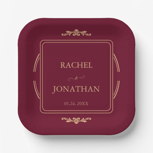 Elegante Burgundy Gold Wedding Paper Plate Pappteller (Vorderseite)