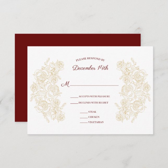 Elegante Burgundy & Golden Rose Antwortkarte RSVP Karte (Vorne/Hinten)