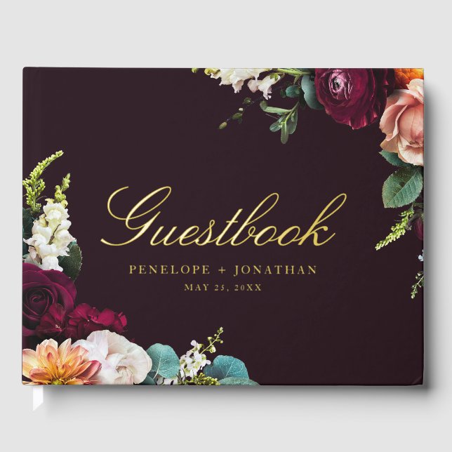 Elegante Burgundy Herbst Floral Gold Script Hochze Gästebuch (Vorderseite)