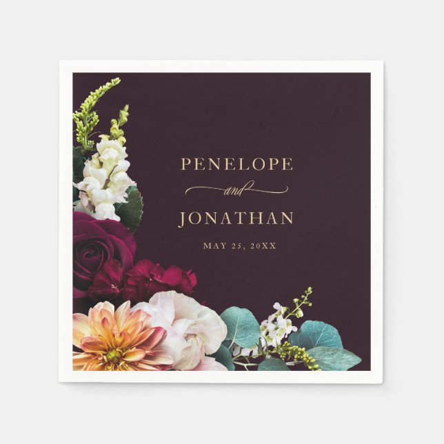 Elegante Burgundy Herbst Floral Gold Script Hochze Serviette (Vorderseite)