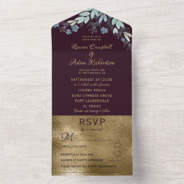 Elegante Burgundy & Imitate Gold Wedding All In One Einladung
