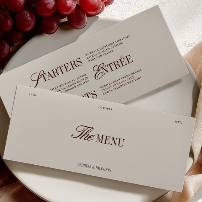 Elegante Burgundy & Ivory Wedding Dinner Karte (Elegant Burgundy & Ivory Wedding Dinner Menu Card)