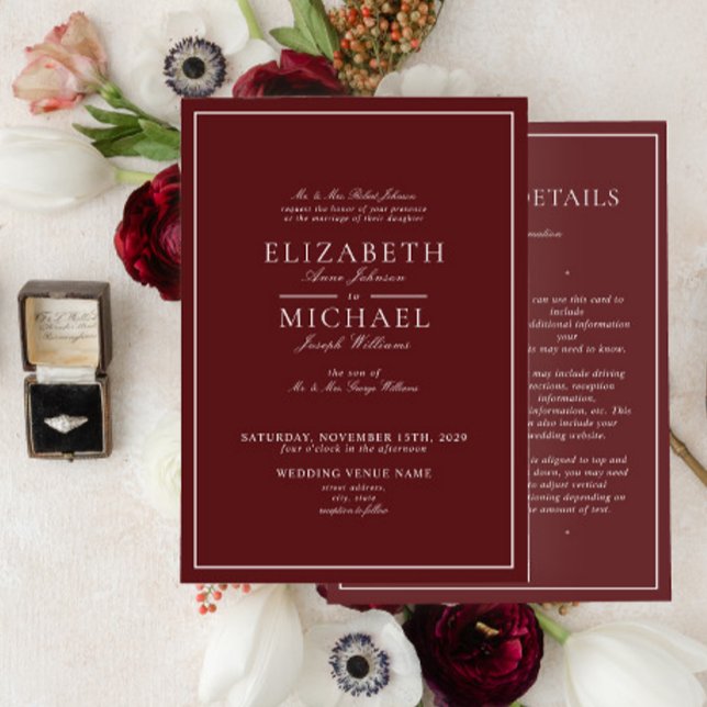 Elegante Burgundy Klassische Skriptdetails Hochzei Einladung (Von Creator hochgeladen)