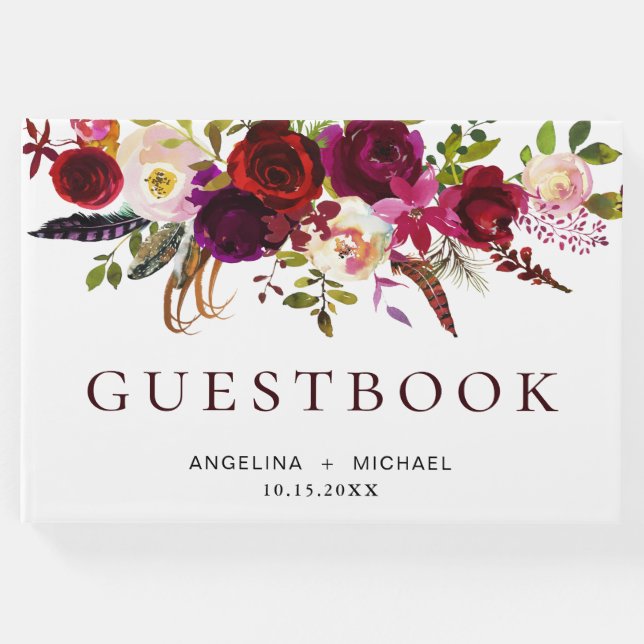 Elegante Burgundy Marsala Bohemische Blumenhochzei Gästebuch (Vorderseite)