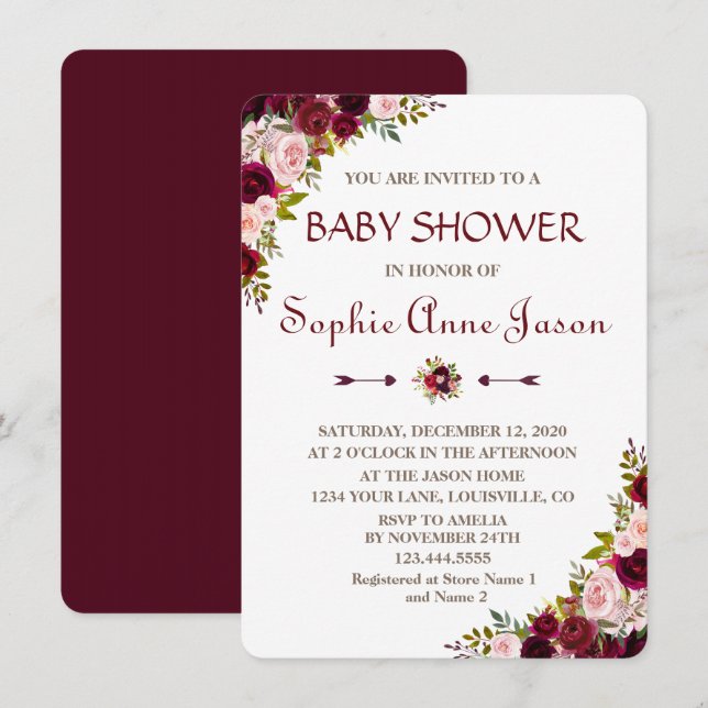 Elegante Burgundy Marsala Floral Fall Baby Shower Einladung (Vorne/Hinten)