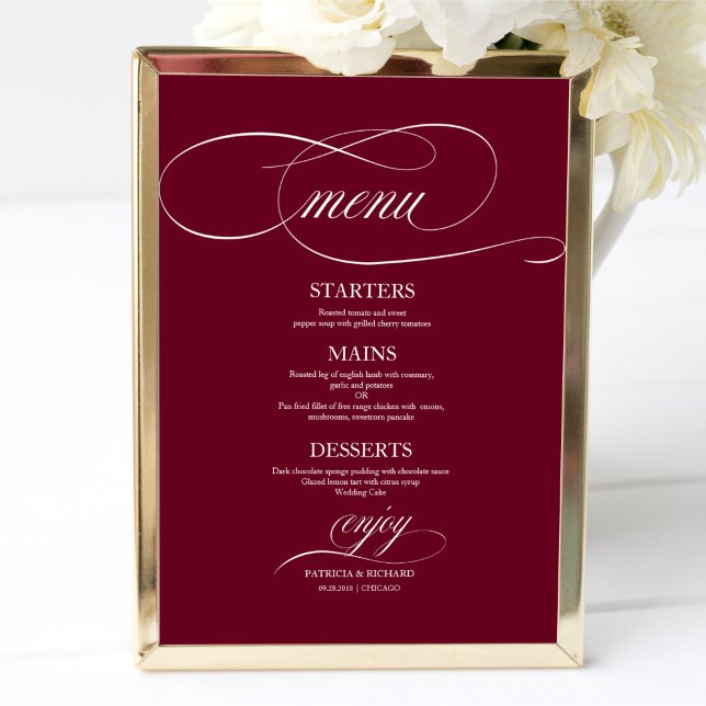 Elegante Burgundy Marsala Wedding Menu Schild (Von Creator hochgeladen)