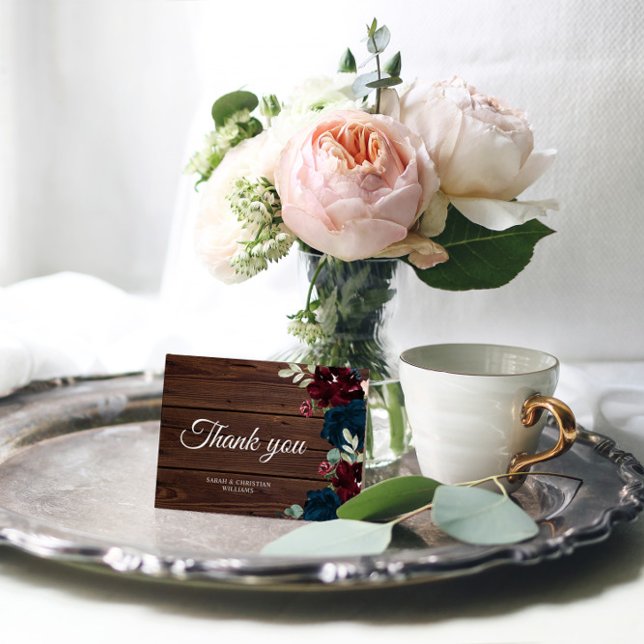 Elegante Burgundy & Navy Blue Blume Danke Karte (Von Creator hochgeladen)