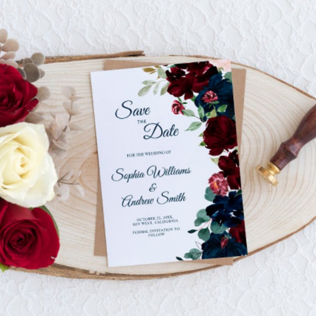 Elegante Burgundy & Navy Blumen Save the Date (Von Creator hochgeladen)