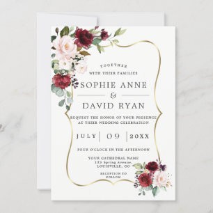 Elegante Burgundy Pink Blume Gold Frame Wedding Einladung