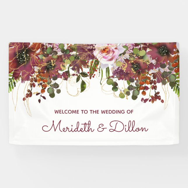 Elegante Burgundy Pink Gold Floral Wedding Banner (Horizontal)