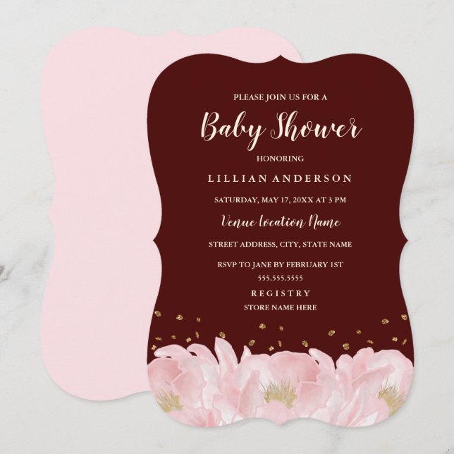 Elegante Burgundy Pink Gold Peony Girl Baby Shower Einladung (Vorne/Hinten)