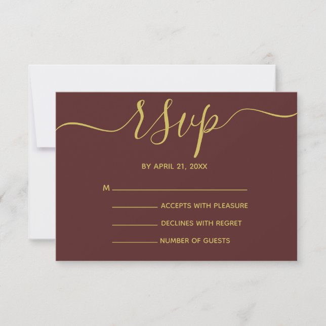Elegante Burgundy Red and Gold Script RSVP Cards (Vorderseite)