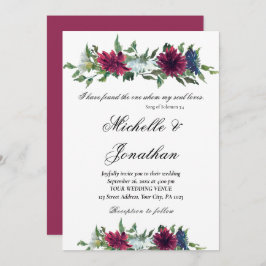 Elegante Burgundy Red Blue Floral Christlich Weddi Einladung