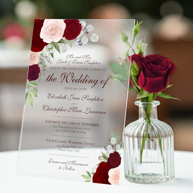 Elegante Burgundy Red & Blush Rose Feierliche Hoch Acryleinladungen (Frosted Acrylic with Rectangle Cut)