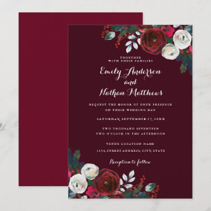 Elegante Burgundy Red Floral Christmas Einladung