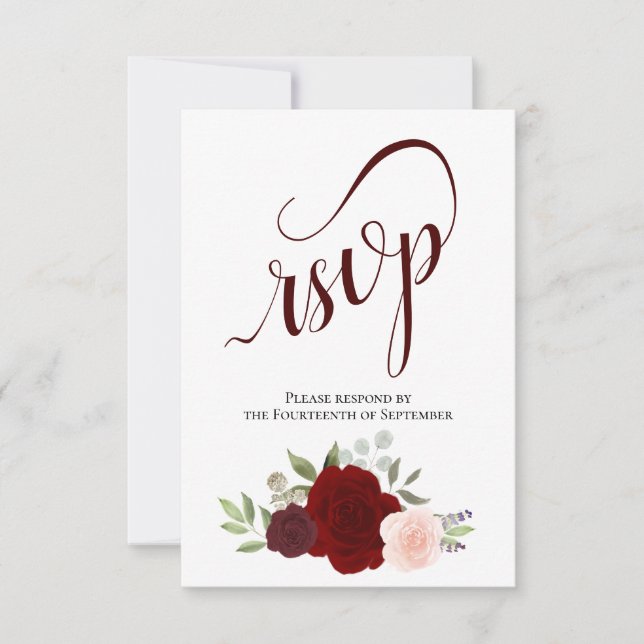 Elegante Burgundy Red & Pink Roses Bouquet Wedding RSVP Karte (Vorderseite)