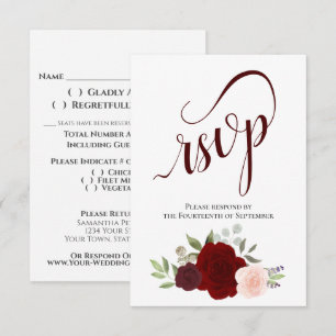 Elegante Burgundy Red & Pink Roses Bouquet Wedding RSVP Karte